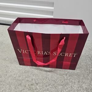 Victorias Secret Red Stripes Paper Shopping Bag Holiday Ribbon Handle Med